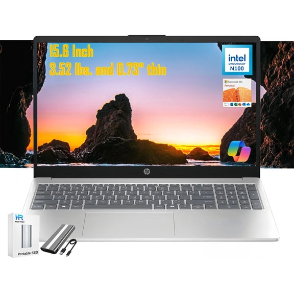 HP 15.6" HD Laptop Computer for Students and Business, Intel Processor N100, Copilot AI 1-Year Microsoft 365, 4GB RAM 128GB UFS, Type-C HDMI WiFi 6 Bluetooth, Win 11 H, w/128GB Portable SSD to USB