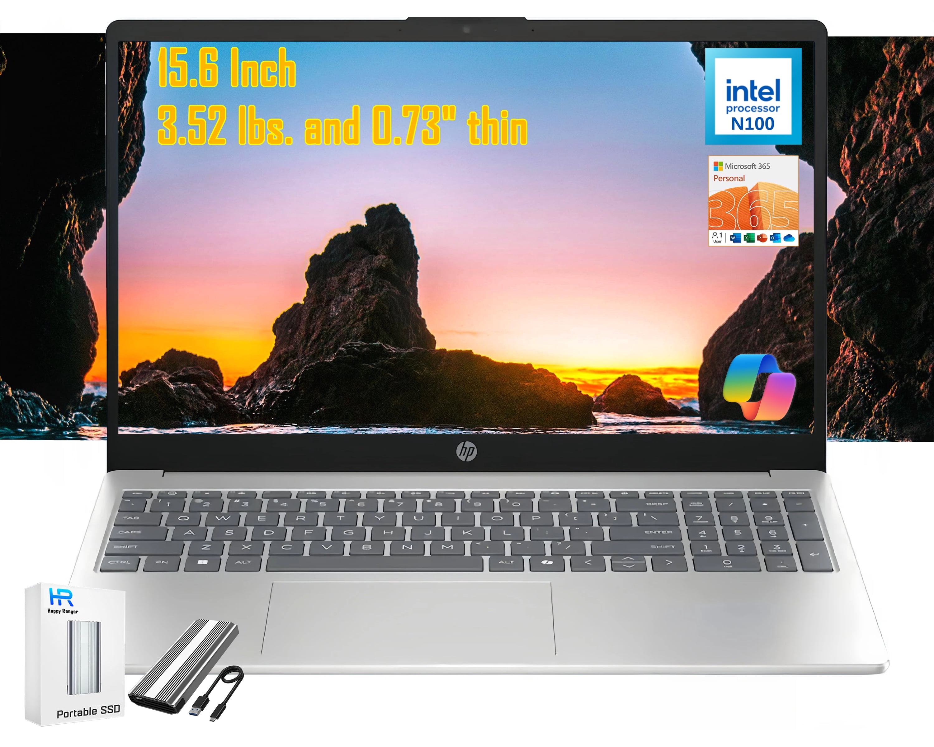 HP 15.6" HD Laptop Computer for Students and Business, Intel Processor N100, Copilot AI 1-Year Microsoft 365, 4GB RAM 128GB UFS, Type-C HDMI WiFi 6 Bluetooth, Win 11 H, w/128GB Portable SSD to USB