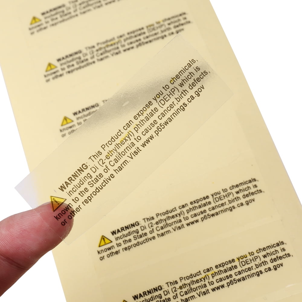 California Prop 65 Warning Labels – 500 Count Clear Transparent Stickers 1" x 2-5/8" DEHP Compliant Safety Labels for Packaging & Shipping