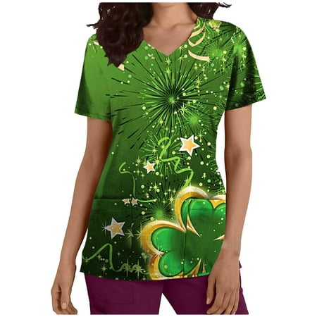 

REORIAFEE St. Patrick s Day Uniforms Womens Holiday Print Funny Cute Scrub Tops Cheap Pattern Nurse Medical Scrub Shirts Business Casual Tops for Women Short Sleeve V-Neck with Pocket Yellow L