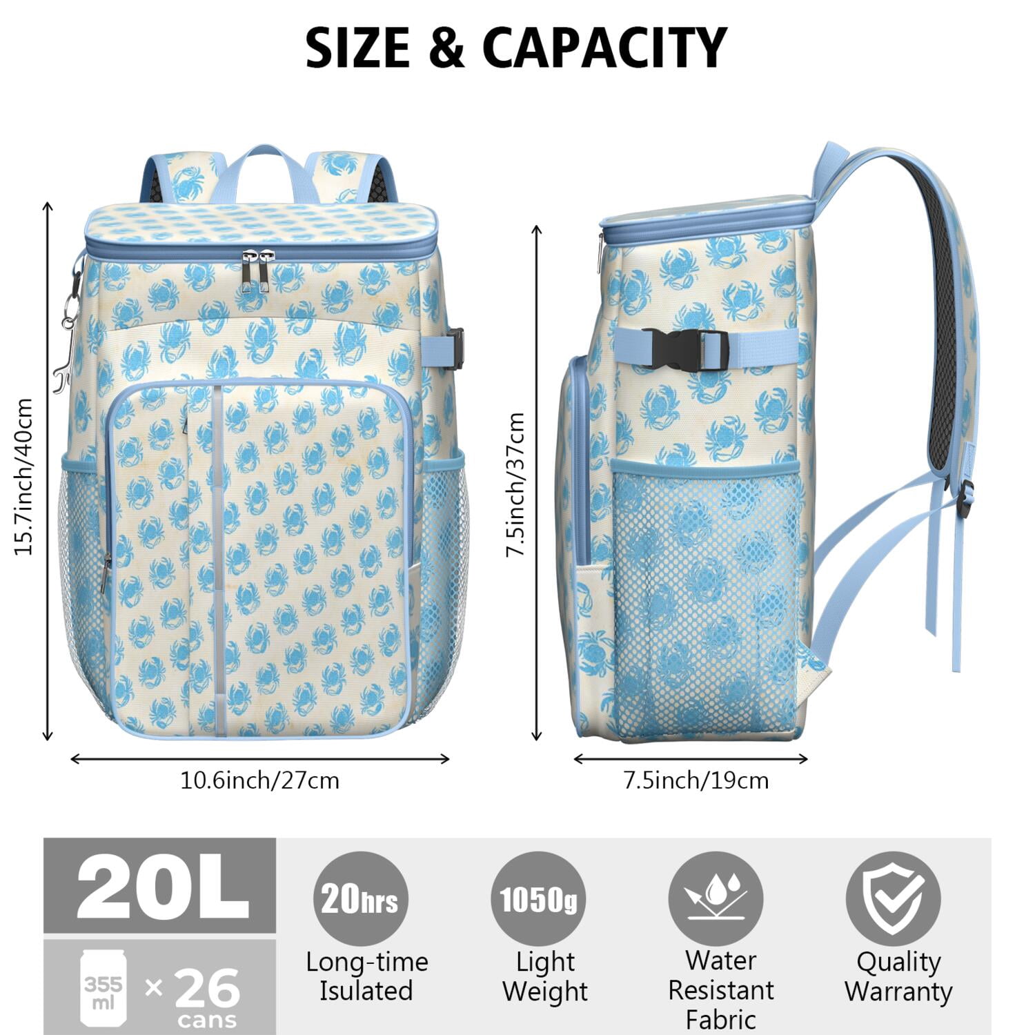 Camping Cooler Backpack 26 Cans,Soft Backpack Coolers Insulated Leak Proof Travel Cooler Bag Waterproof Lunch Picnic Beach Work Trip Thermal Bag Drink Beverage Beer Bag Cooler Marine Adorable Crab