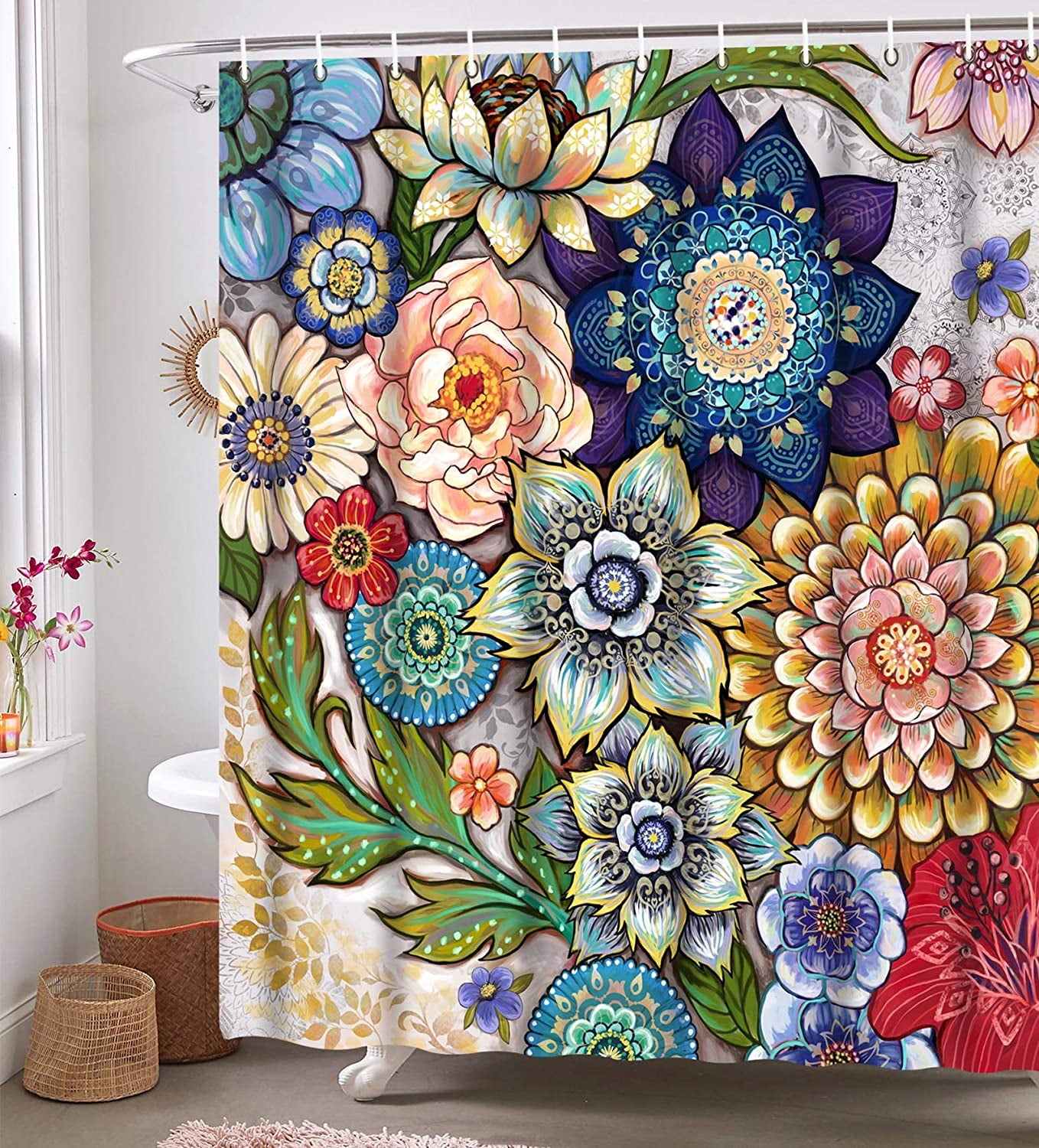  Boho Style Shower Curtain with Hooks Watercolor Floral Plant Shower  Curtains Set for Bathroom Waterproof Shower Curtain Bathtub Accessories  Bath Decoration : Home & Kitchen