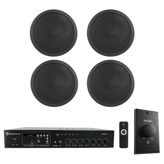Rockville Commercial Restaurant Amp (4) 5" Black Ceiling Speakers Wall Control