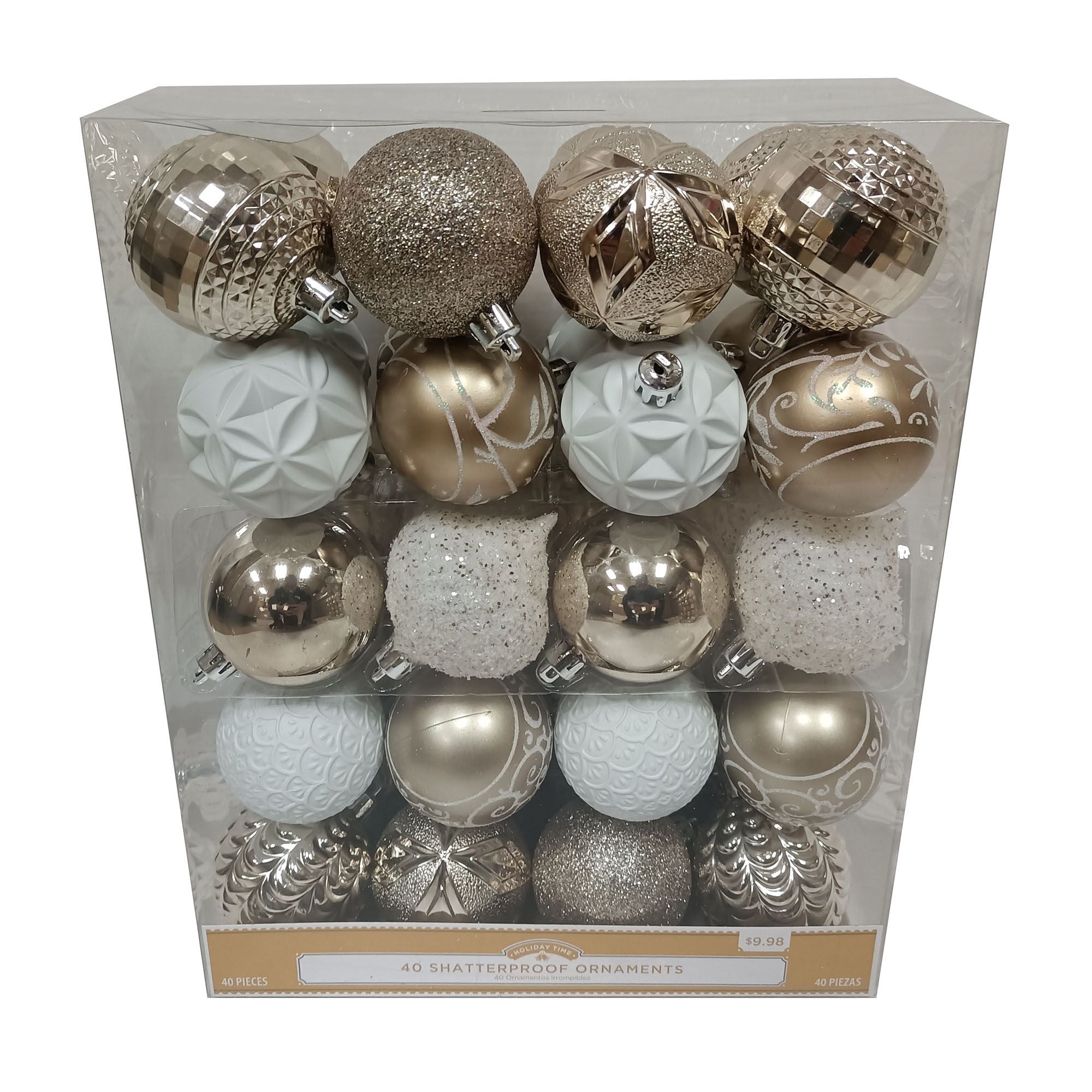 Holiday Time 60 mm Christmas Shatterproof Ornaments, Champagne Gold and White, 40-Count