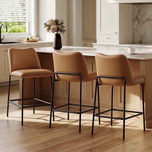 ReNest 26" Upholstered Bar Stools Set of 3, Counter Height Stools with Back & Metal Frame, for Kitchen Island & Breakfast Bar, Saddle Brown Faux Leather
