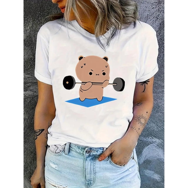 Elegante camiseta de levantamiento de pesas con estampado de oso para mujer - Camiseta blanca informal de cuello redondo y manga corta, de algodón suave, perfecta para verano y gimnasio | Top deportiv