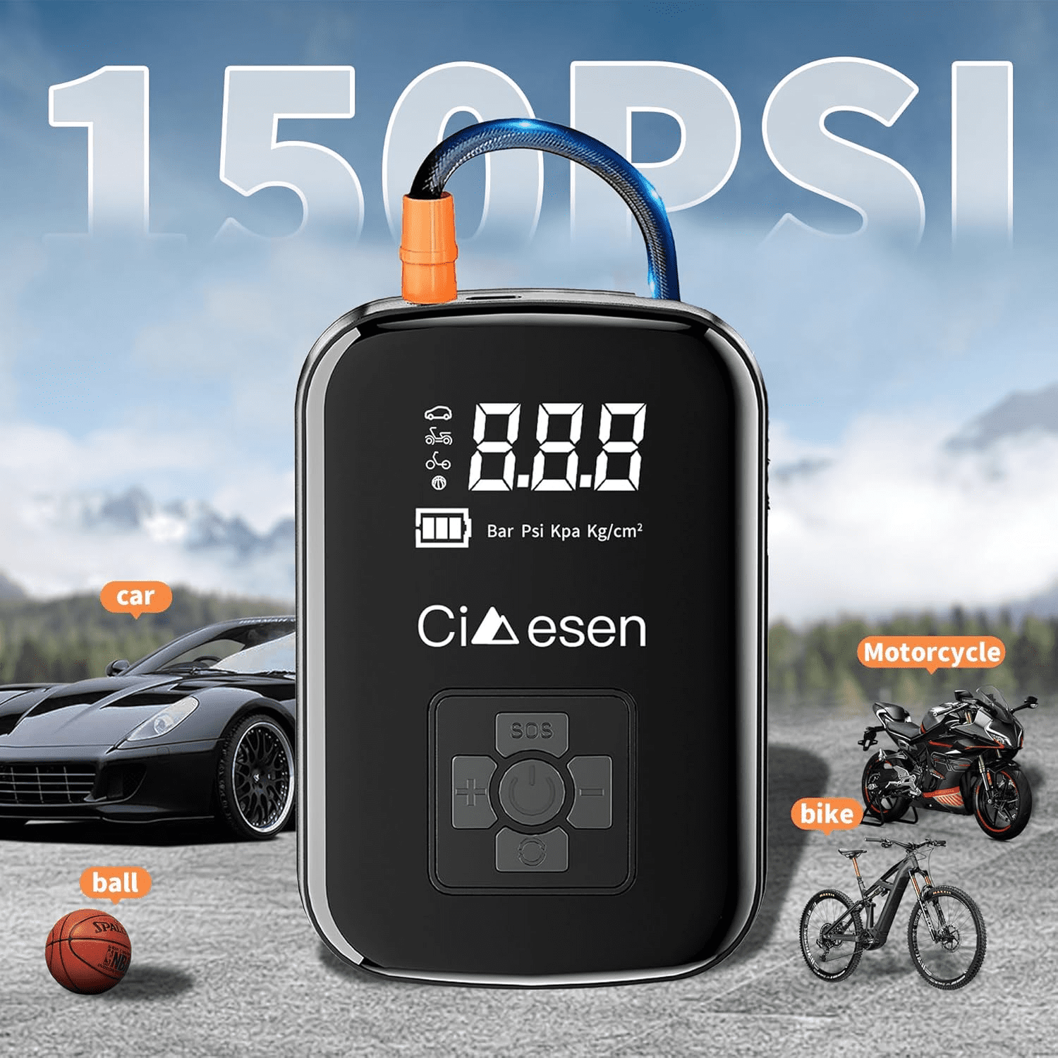 Portable air compressor - 2X Fast cordless air pump for car tires, motorcycles, bicycles pump - 150 PSI automatic tire inflator with pressure gauge