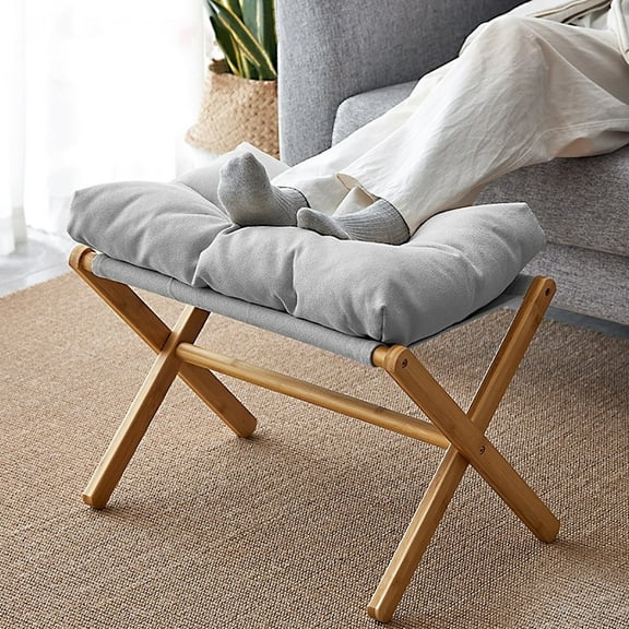 TEAFIRST Folding Footrest Stool, Footstool, Small Portable Bamboo Accent Ottoman,with Padded Gray