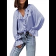 thumbnail image 3 of Camisa Informal de Larga con Volantes para Mujer, Blusa de Satén de Seda para Trabajo, Ropa de y Otoño Púrpura M, 3 of 9