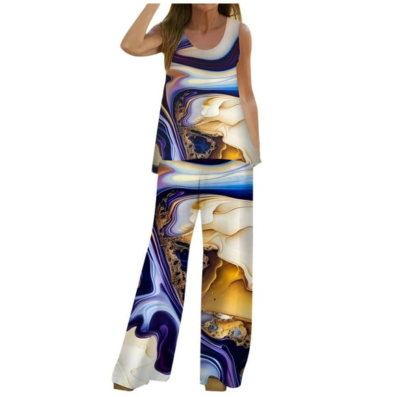 Wyzesi Plus Suit Jacket and Vest for Women Women's Fashion Two Piece Bohemian Casual Print Tank Top Sleeveless Top Loose Wide Leg Pants Long Pants Two Piece Set 7 Shapewear Shorts Suit White
