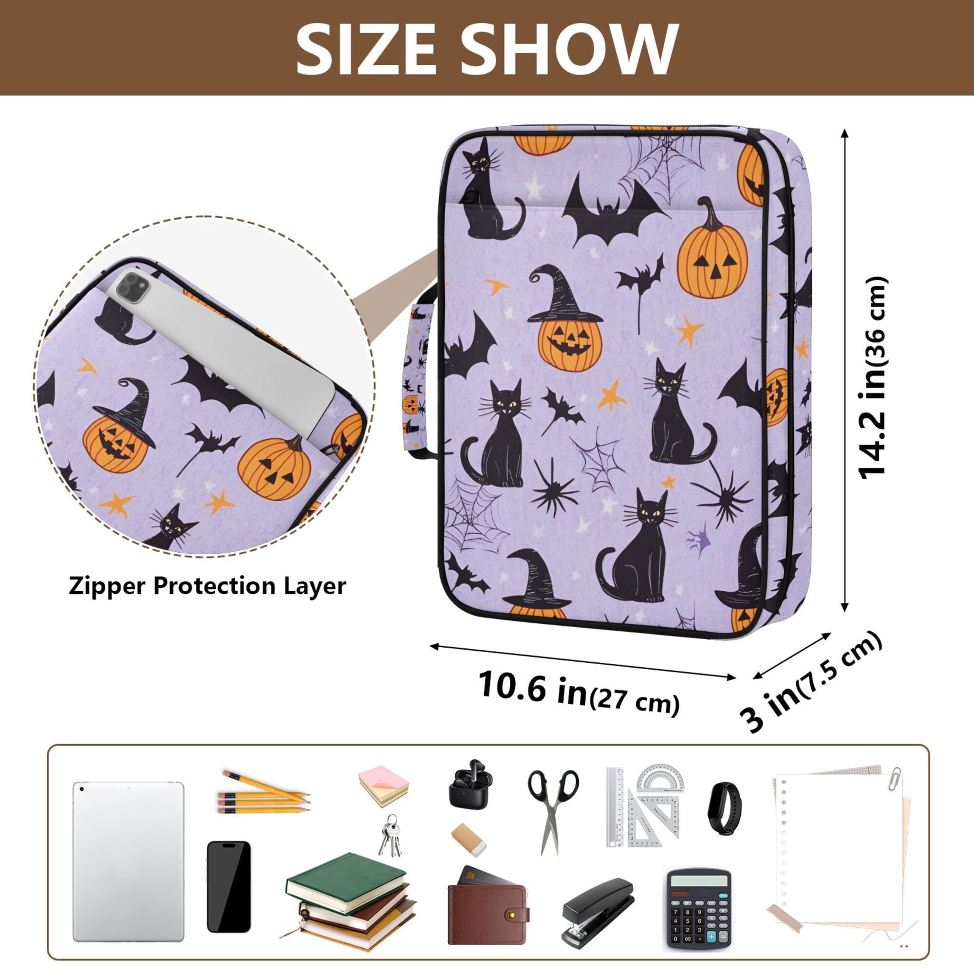 FORMRS Accordion File Folder A4 Size 7-Pocket Expanding Document Organizer Bag with 3 Ring Binder, Purple Halloween Pumpkin