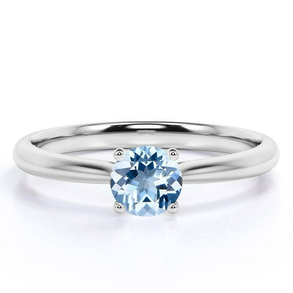 JeenMata 1 Carat Round Brilliant Created Aquamarine Solitaire Engagement Ring in 18k White Gold over Silver