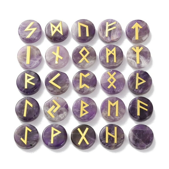 1 set Brass Elder Futhark Alphabet Engraved Symbol Flat Round Natural Amethyst Rune Stones for Chakras Balancing Therapy Meditation Divination 16.5~17.5x6~7mm 25pcs/set