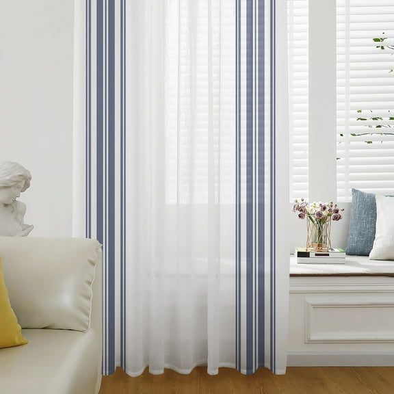 Abstract Geometric Blue Stripe, Semi Sheer Curtains Drapes for Living Room, Bedroom, French Doors Window 108 Inches Long, White Backdrop Rod Pocket Chiffon Curtain Drapery Voile Draperies Panel