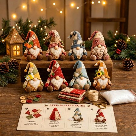 DIY Gnome Patchwork Sewing Kit Christmas Holiday Decoration Plaid Fabric Forest Spirit Plush Handsewn Ornament Craft Set for Beginners