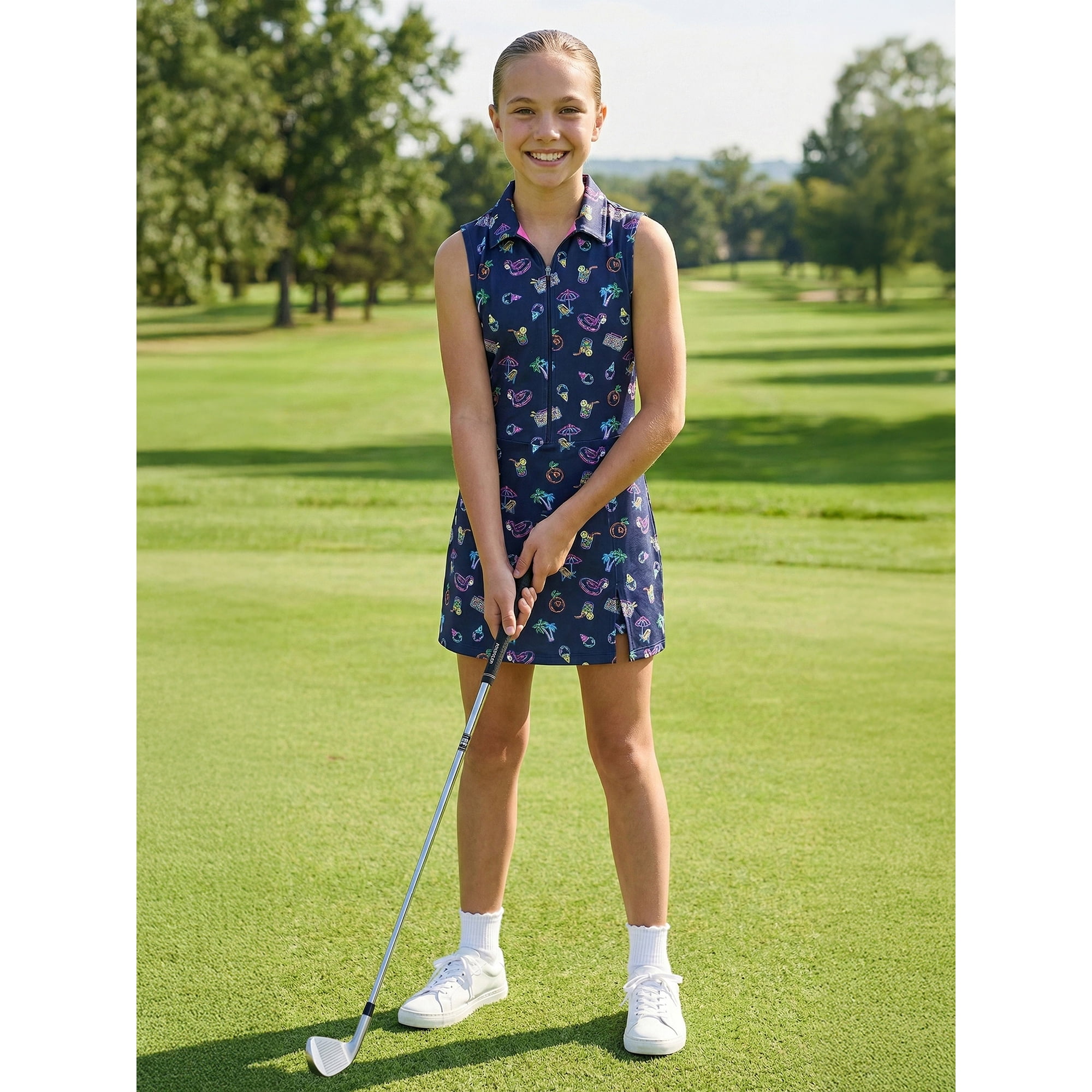Birdie Bound Girls Neon Pool Party Sleeveless Polo Dress, Sizes XS-XL
