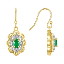 Rylos 14K Yellow Gold Antique Style Floral Earrings - Oval 6X4M Emerald & Sparkling Diamonds -  Exquisite Birthstone Jewelry