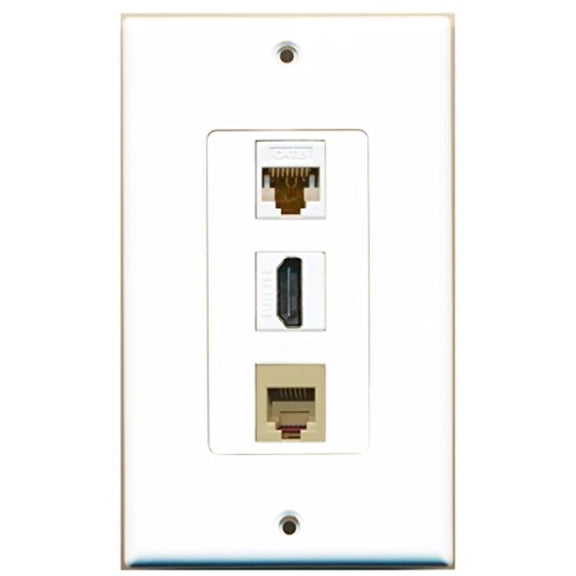 RiteAV - 1 Port HDMI and 1 Port Phone RJ11 RJ12 Beige and 1 Port Cat6 Ethernet White Decorative Wall Plate