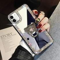 Compatible with iPhone 12 Mini Diamond Glitter Case Makeup Mirror with Ring Holder Kickstand Stand Bling Rhinestone Crystal Cute for Women Girls with Finger Grip Case 5.4 inch Silver