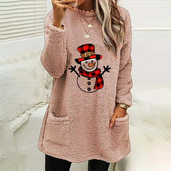 VgaVtl Fall Winter Christmas Sweatshirts for Women 2025 Long Sleeve Women's Sweatshirt Graphic Pockets Thick Sweatshirt,Pink XL