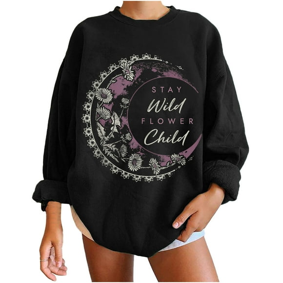 Pompotops Women Print Loose O-Neck Long-Sleeved Fleece Oversized Sweatshirt Pullover