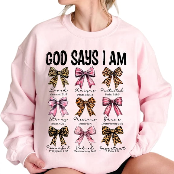 God Says I Am Christian Coquette Bow Sweatshirt – Preppy Jesus Bible Verse Pullover, Soft Cotton Faith-Inspired Top for Women