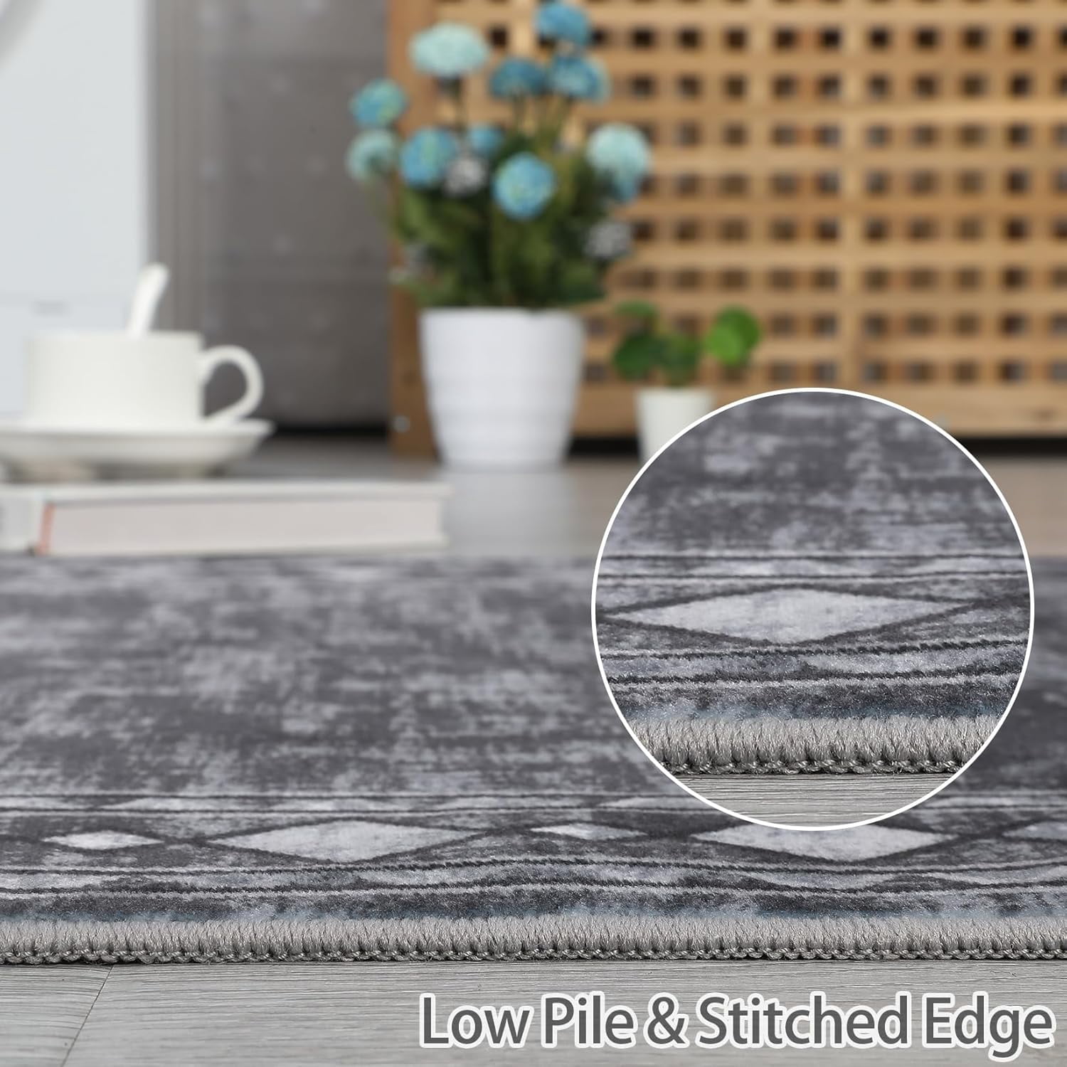 Shininglove Modern Bordered Area Rugs 5x7ft for Living Room, Machine Washable Low Pile Carpet with TPR Non-Slip Backing for Home Office(Grey)