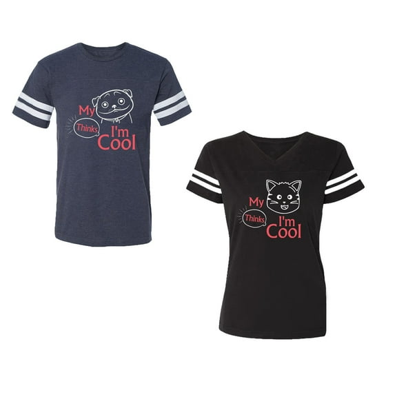 My Dog Cat Think I am Cool Unisex Couple Matching Cotton Jersey style T-Shirt Contrasting stripes on sleeves (Men Navy / Women Black) (Men S / Women S)