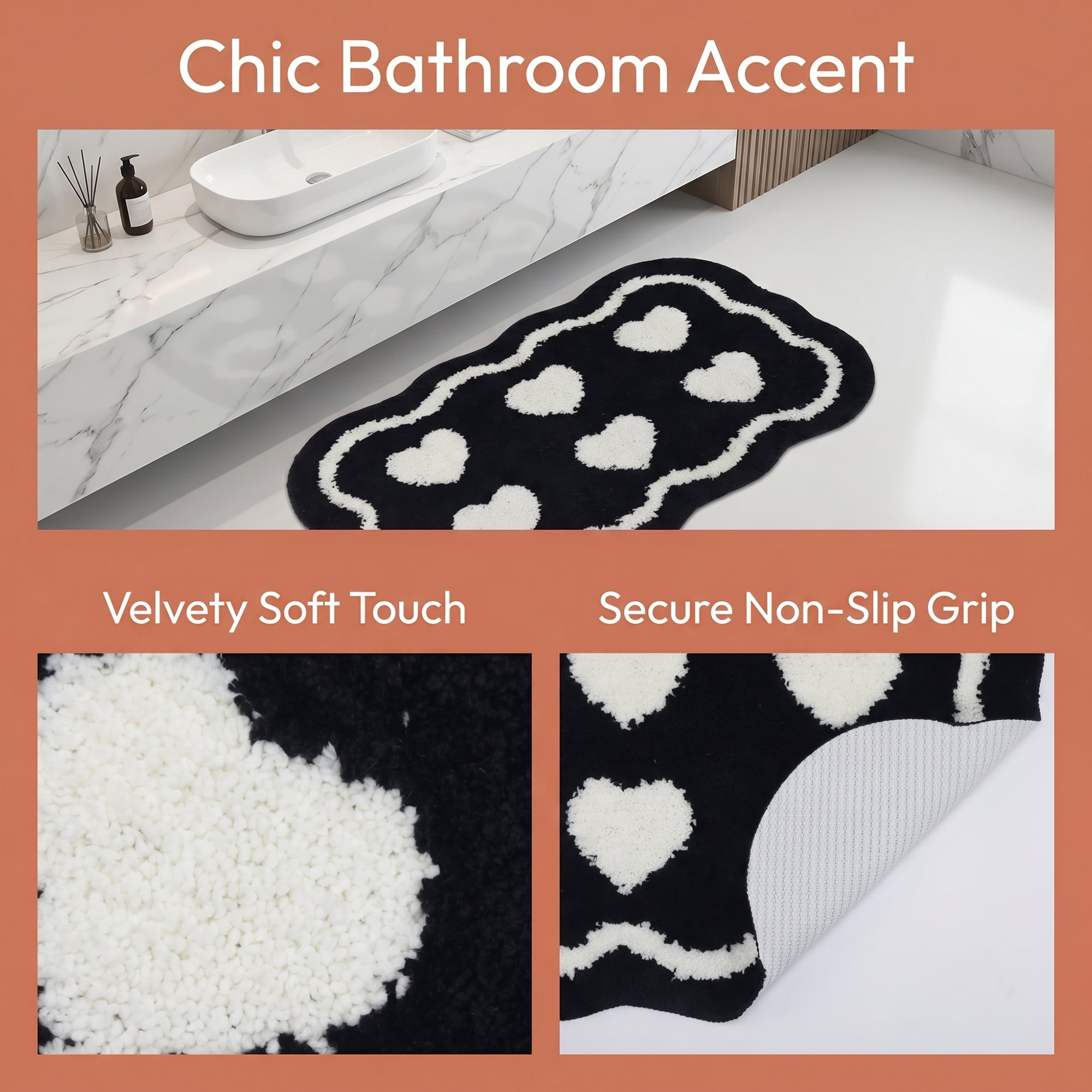 Unique Bargains Aesthetic Ultra Absorbent Shaggy Non Slip Bath Mat Black Heart 32" x 20"