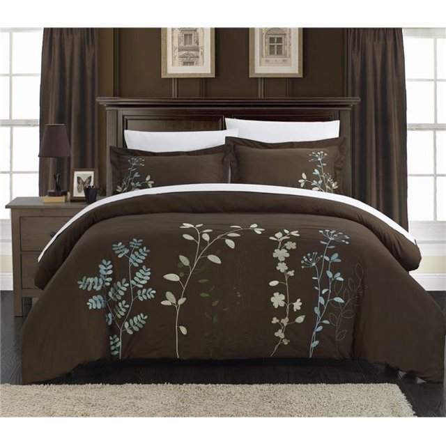 Chic Home DS2941-US Ensemble de Couette Brodée Florale - Marron - Grand - 3 Pièces