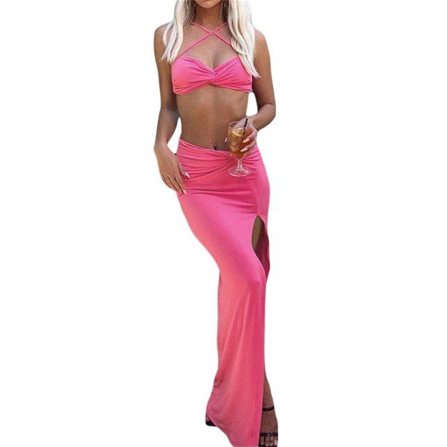 VISgogo Conjunto de 2 piezas de verano para mujer, blusas cortas con tiras y cuello cruzado de color sólido + conjunto de falda a media pierna con abertura en el muslo, S/M/L VISgogo moda