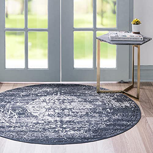 Unique Loom Chateau Collection High-Low Pile, Vintage, Traditional, Distressed, Medallion Area Rug (8' 0 x 8' 0 Round, Navy Blue/Beige)