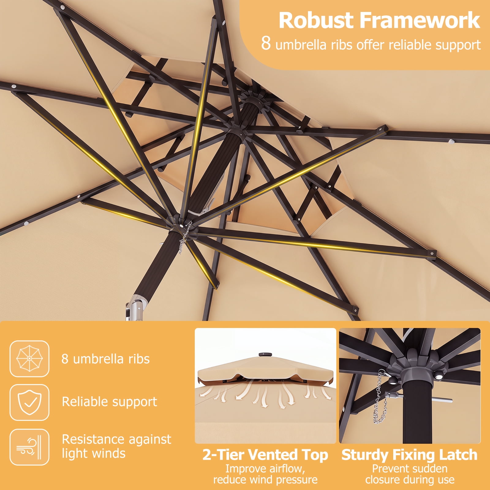 Costway 9 FT Solar LED Patio Umbrella, Push-Button Tilt & Crank, 24 LED Lights & 8 Ribs Beige
