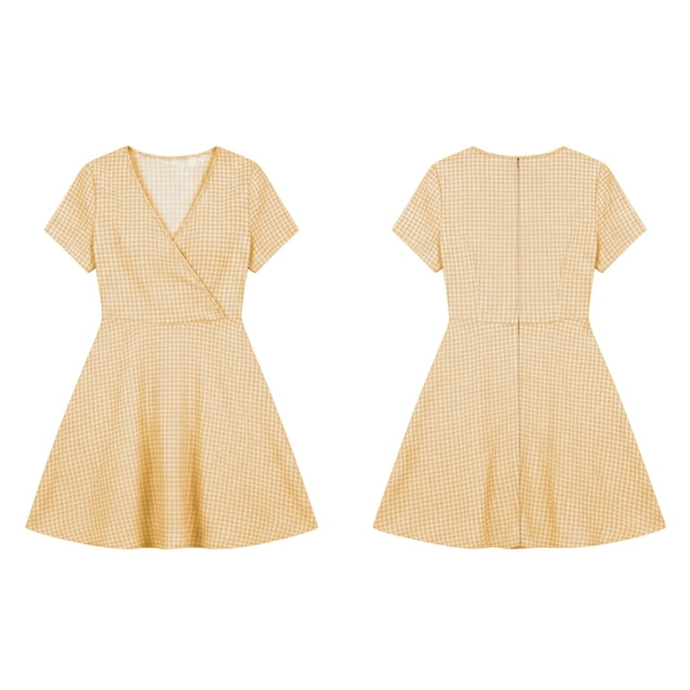 pastel yellow casual dress Dayvera Women's V-Neck Pastel Yellow Floral Print Mid-Length Casual Boho Dress, Summer Elegant Dress Picnic Picnic