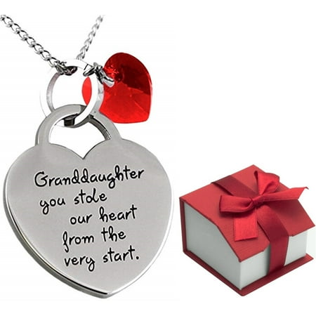 Granddaughter Valentine's Day Jewelry Gift - Red Heart Pendant Charm Necklace "Granddaughter You Stole Our Heart From The Very Start", Granddaughter Gifts for Girls/ Little Girls Birthday Presents