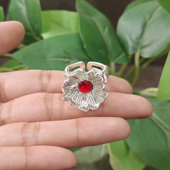 Red Quartz One Micron Silver Plated Ring Adjustable Modern Statement Jewelry