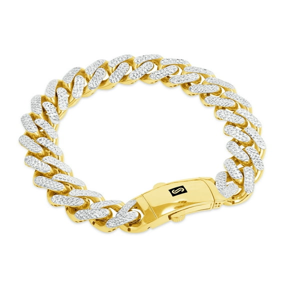 Nuragold 10k Real Yellow Gold Royal Monaco 13mm Miami Cuban Diamond Cut Pave Link Bracelet (8"-9") Two Tone Italian Jewelry for Men
