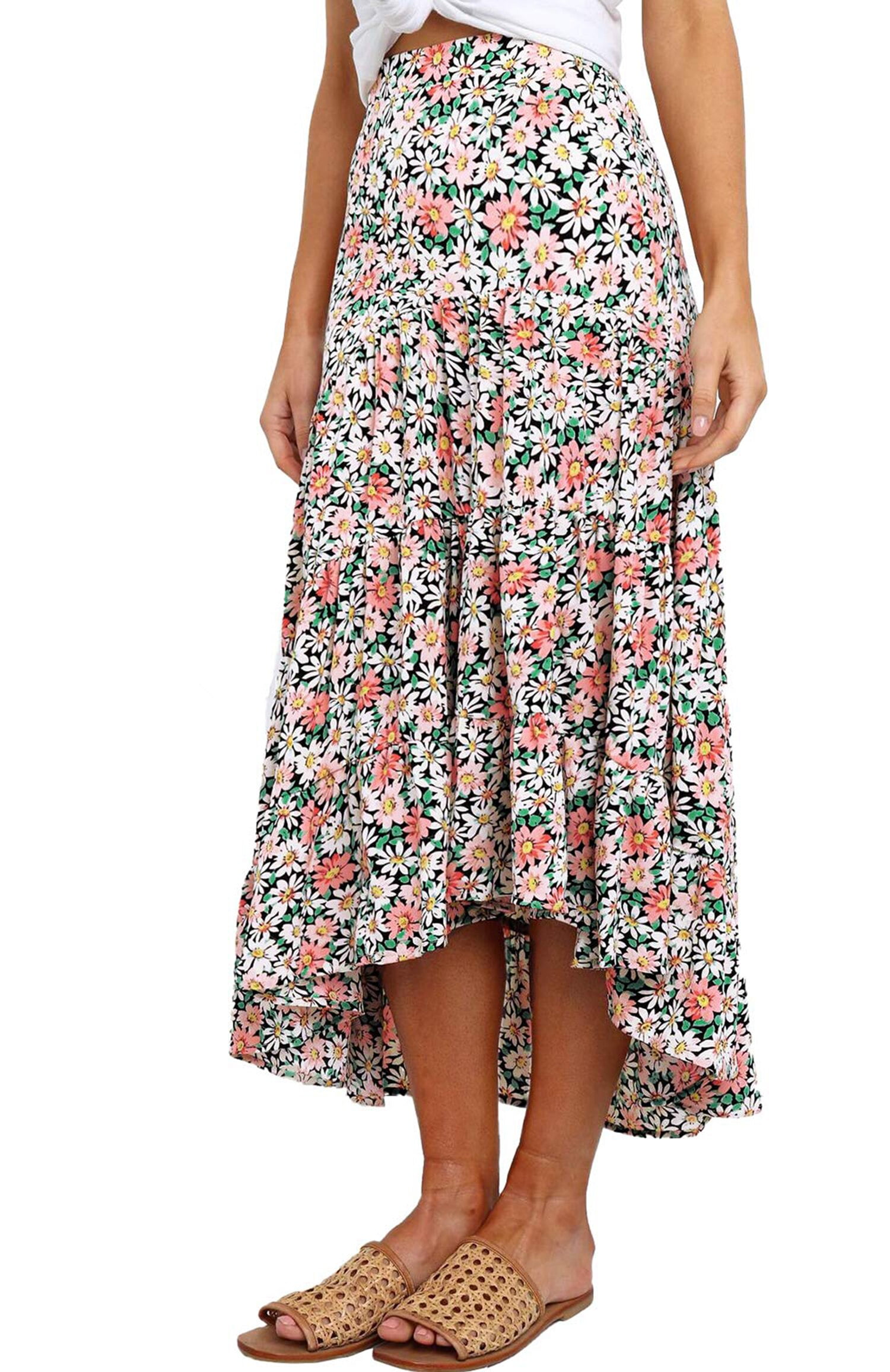 MOSHU Daisy Floral Skirt for Women High Waist Midi Skirts Irregular Hem ...