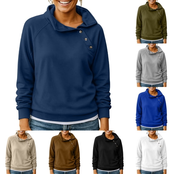 Hilzaten Womens Loosse Sweatshirt Pullover Drop Shoulder Solid Womens Collared Sweatshirt