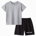 thumbnail image 2 of TOWED22 Summer Baby Boy Clothes Short Sleeve Little Dude Mamas Boy Embroidered T-Shirt Tops Shorts Set Waffle Knit Outfit(Grey,10-11 Years), 2 of 4