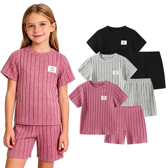 Fdqin Girls Summer Outfits 6 Pcs Casual Short Sleeve Knit tops and Shorts Set Black Pink Grey,7-8 Years