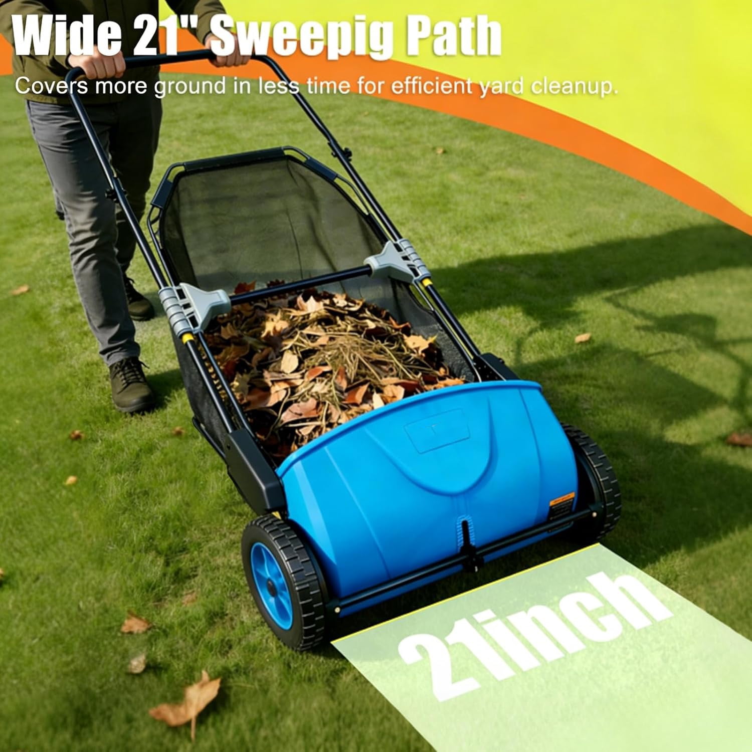 21-Inch Push Lawn Sweeper Yard Leaf & Debris Collector with 3.5 Cu. Ft. Collection Bag, Adjustable Brush Height for Lawns & Driveways, Foldable Storage Design