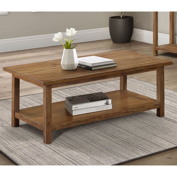 Miekor Furniture Castleton Distressed Brown Wood Coffee Table with Shelf No.0691