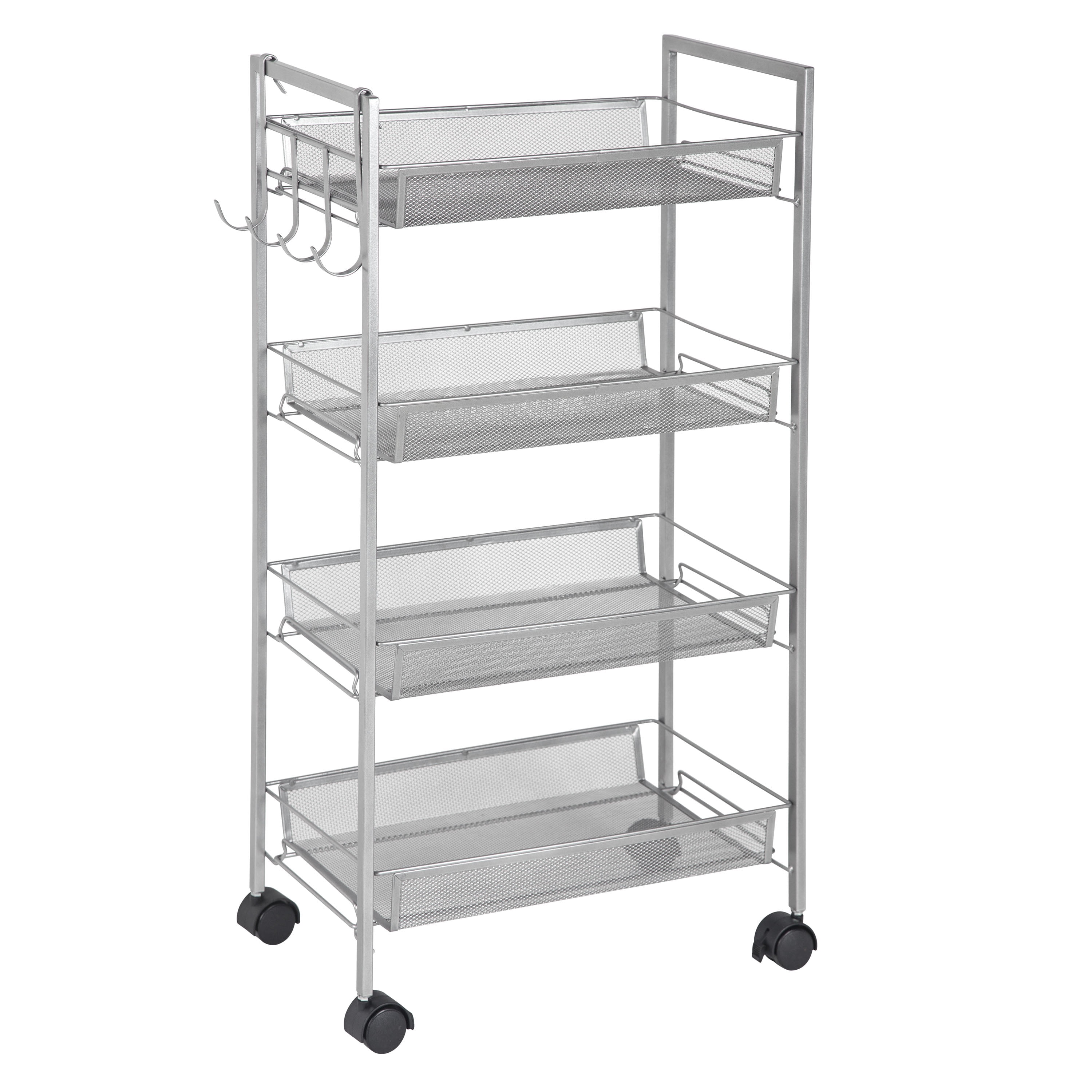 Greenway 4Tier Silver Mobile Steel Storage Cart with Side Hooks