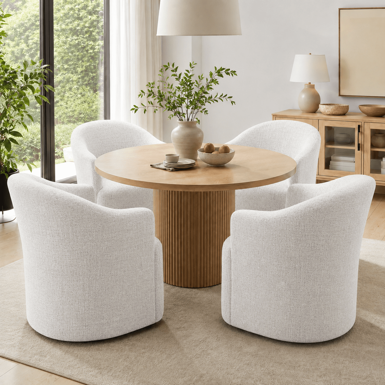 Aenkyo Dining Chair with Casters, Upholstered Barrel Back Rolling Accent Chair, White