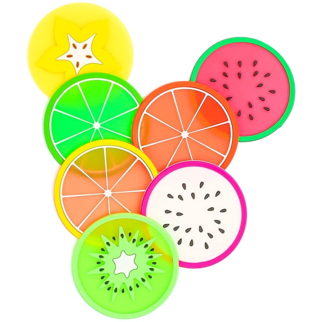 Non Slip Coasters for Drinks Cute Coasters Silicone Coasters Car Cup Holder Coaster. A set of seven colourful fruit-themed silicone coasters, each measuring 3.5 inches in diameter. Includes designs resembling orange, lemon, lime, kiwi, watermelon, pitaya, and carambole slices. Made from food-grade silicone with FDA and LFGB approval, these coasters are non-slip, heat-insulated, and prevent furniture and tabletop damage. Suitable for home dining and entertaining.