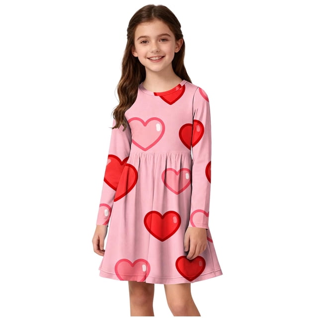 Vestidos de Manga Larga de las Niñas Tamaño 7-8 Elástico una Línea Twirly Patinador Cuello Redondo Vestido de Recital de la Escuela para Otoño Invierno