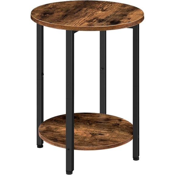 Round Side Table, Wooden Look Accent End Table for Sofa Couch, Round Nightstand with 2-Tier Storage Shelf, for Small Spaces in Living Room, Bedroom, Rustic Brown