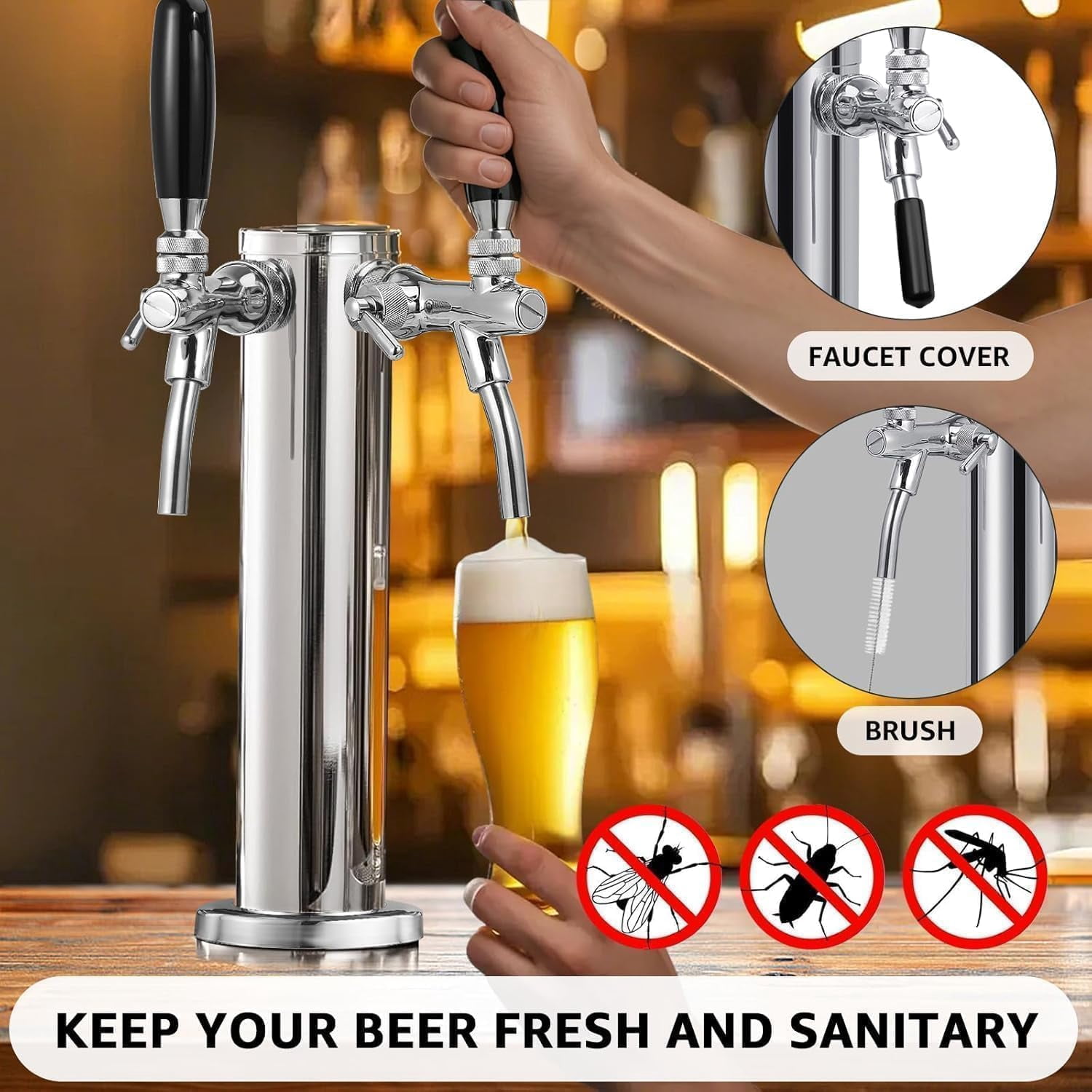 Upgraded Adjustable Dual Tap Kegerator Tower with Flow Control -Closing Faucet and Pre-Assembled Lines