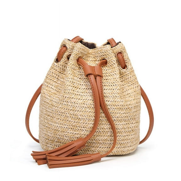 Modstep Womens Small Crossbody Bags Straw Weaving Leather Tassel Drawstring Shoulder Purse Summer Vacation Phone Beach Bucket Pocket Brown